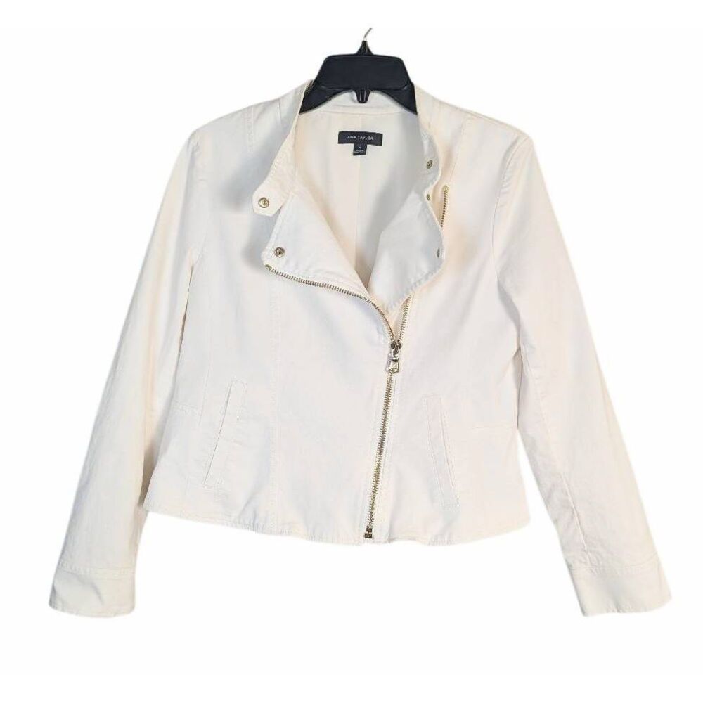 Ann Taylor cream off-white stretch cotton moto jacket blazer womens 10